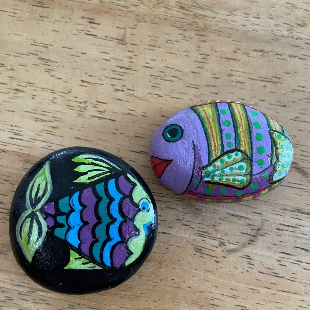 Hand crafted painted fish rocks set of 2 blue purple black yellow dots 2x2 inch